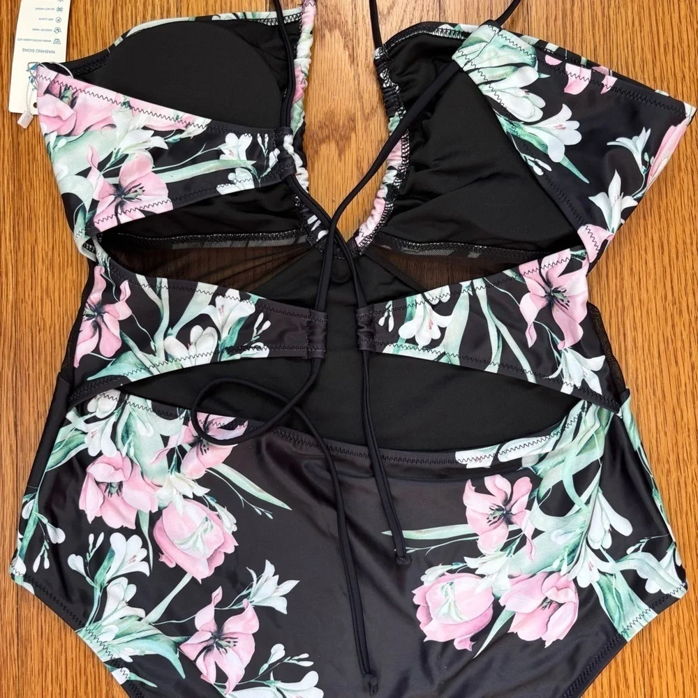 beachsissi Mesh waist adjustable strap pink blue floral black One Piece Swimwear